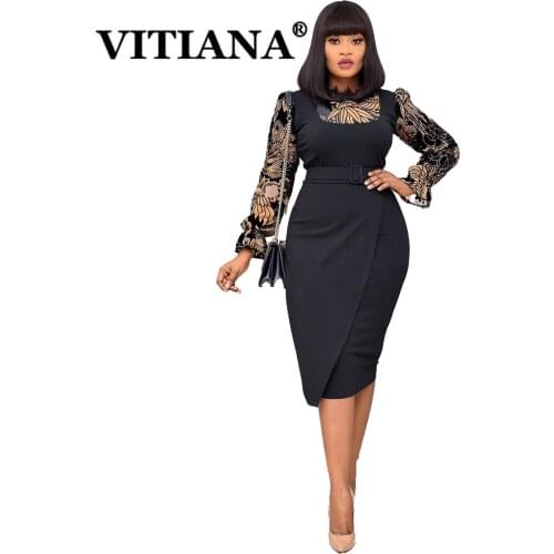 VITIANA Women Lace Office Work Dress Summer 2021 Female Long Sleeve Black Midi Elegant Dresses Femme OL Sexy Vestidos Africa