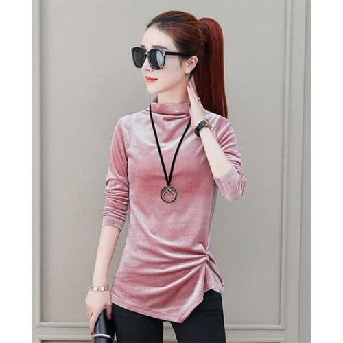 Fashion Velvet T shirt Women Autumn Winter 2020Solid Basic Tops Irregularity Long Sleeves Turtleneck T-shirt Plus Size M-8XL