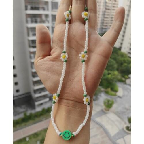 1pc Handmade White Green crystal flower Glass necklace fashion Smile Bead pendant choker for women with 925 gold extension chain