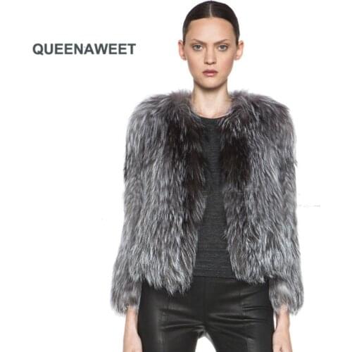 Real Natural Fox Fur Knitted Silver Fox Fur Coat Full Sleeve Jacket Overcoat Women Outside Coat