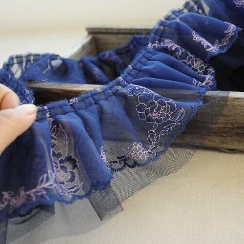 2meter/lot 10cm wide stereo double layers handmade navy blue lace trim embroidered mesh pleated DIY stitching T-shirt W117