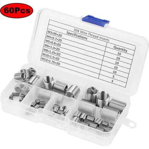 60Pcs Silver M3-M12 Thread Repair Insert Set 304 Stainless Steel For Hardware Tools DIY Helicoil Kit