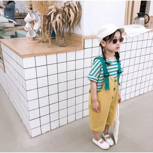 2020 kids clothes girl Summer Item children Casual Suit Including Suspender Pant+Stripe T-shirt 2pcs Per Set