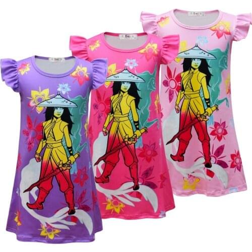 Kids Fashion Summer Dress Girs Cartoon Raya and The Last Dragon Dress Children Princess Pink Dress Pajamas Nightdress 4-9y