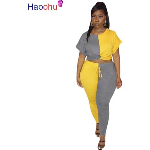 HAOOHU 2020 Women Set Two Pieces Sets Summer Tracksuits Patchwork Short Sleeve Tops+Leggings Pants Suit Sporty Fitness Outfits