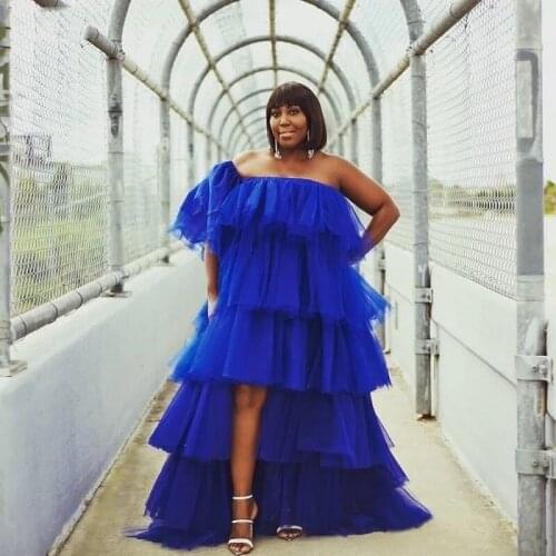 African Royal Blue High Low Tulle Aso Ebi Dresses Women One Shoulder Ruffles Tiered Long Mesh Tulle Prom Gowns Birthday Dress
