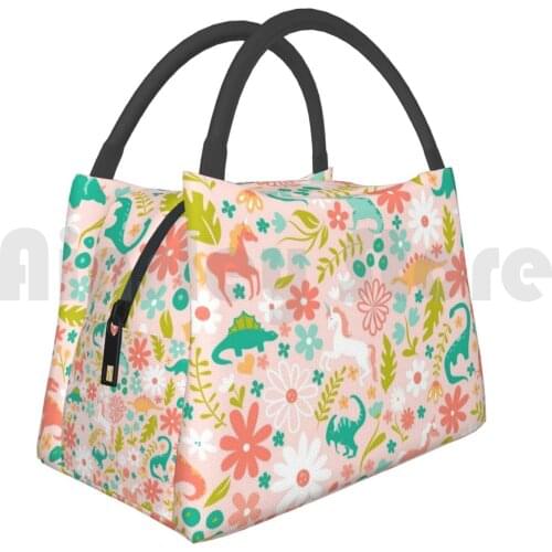 Cooler Lunch Bag Picnic Bag Dinosaurs Unicorns On Pink Dino Dinosaur Magical Unicorn Horse Garden Spring Flower