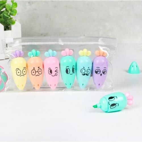 Cute Radish Shaped Fluorescent Highlighter 6 Pcs Lovely Neon Assorted Colors Mini Textmarker Coloring DIY Kids Students Gift