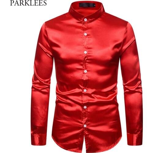 Mens Red Silk Like Satin Dress Shirts 2019 Brand Mandarin Collar Slim Fit Men Tuxedo Shirt Party Wedding Prom Male Disco Shirt