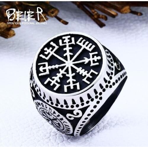 Beier 316L Stainless Steel men Nordic Pagan Triskele Helm of Awe Aegishjalmur Futhark Viking Magic Stave Runic Amulet Ring LR549