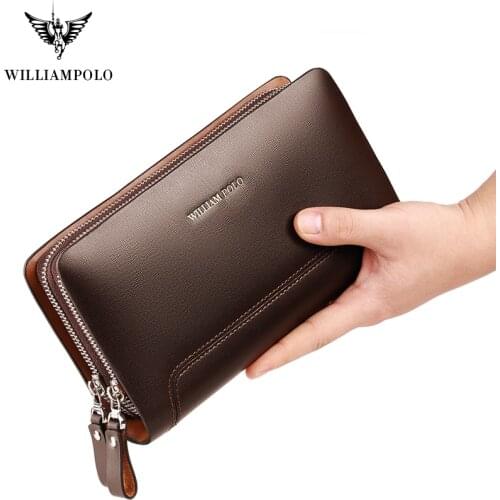 WilliamPOLO Men Wallets Genuine Leather Clutch Bag Long Wallet Business double zipper Purse Phone Card Holder Coin Purse Men