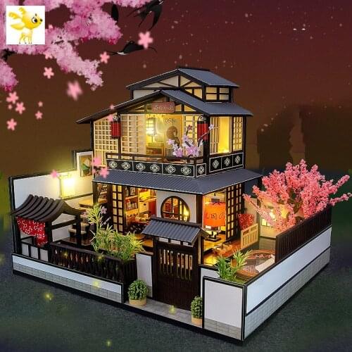 DIY Kit Japanese Architecture DIY DollHouse Kit Wooden Doll Houses Miniature Dollhouse Furniture Kit Toys For Children Gift