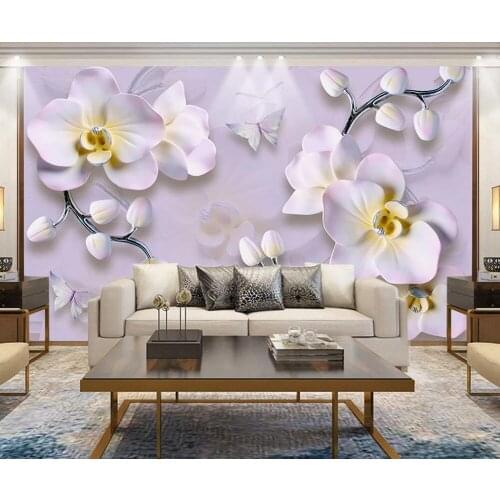 Customized large-scale 3D mural wallpaper 3D three-dimensional phalaenopsis flower relief TV background wall Nordic mural