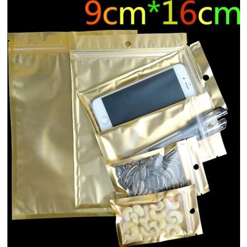 Wholesale 9*16cm Golden / Clear Self Seal Zipper Plastic Retail Storage Pack Bag, Zip Lock Bag Retail Package With Hang Hole