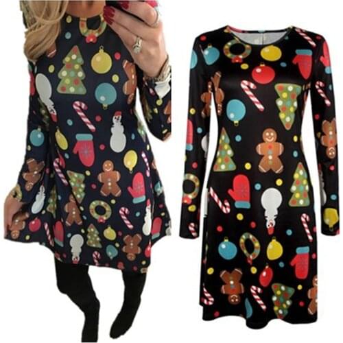 5XL Autumn Winter Women Christmas Tree Dresses Long Sleeve O-Neck Loose Large Size Dress Sweet A-Line Dress Female Party Vestido