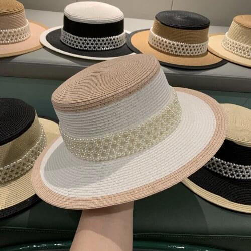 Bucket hat Panama summer two-color straw hat pearl accessories ladies hat sun hat fedora hat men and women hat кепкаженская