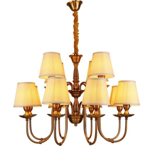 Popular America Luxury Candle Chandelier Dinning Room Imitation Bronze Pendant Light Fabric Shade Hall Hanging Lamp