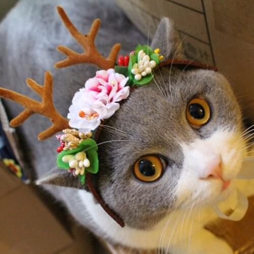 Christmas Reindeer Antlers Caps Puppy Hat Pet dog cat Headdress with flowers Pet kitty Hair Band hat Holiday Party accessories
