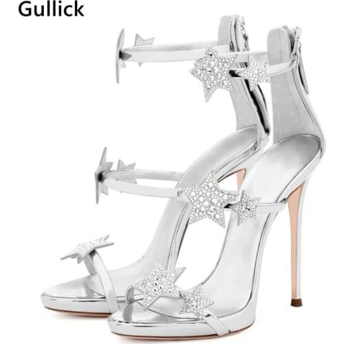 Gullick Bling Silver Golden Black Rhinestone Five-pointed Stars Decorated Three Straps Gladiator Sandals High Heel Sandals