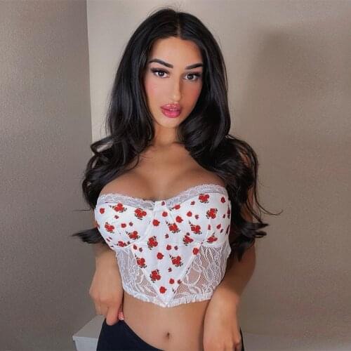 Chic White Lace Trim Corset Bustier Floral Print Strapless Camis Summer Women Tube Top Off Shoulder See Through Backless Cropped