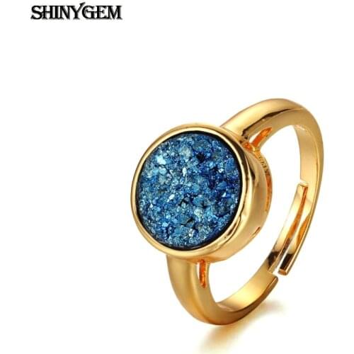 ShinyGem Vintage Natural Druzy Crystal Round Stone Rings Adjustable Gold Plating Luxury Engagement Rings For Women Wedding