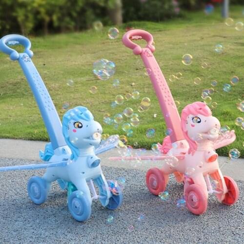Cute Electric Bubble Machine Trolley Bubble Toys Pony Trolley Kids Outdoor Toy Soap Water Electric Lighting Music Bubble Machine
