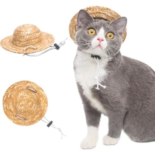 Funny Summer Pet Cat Cap Sunbonnet Hawaiian Style Straw Hat for Small Dog Puppy Photo Props Grooming Accessories Dropshipping