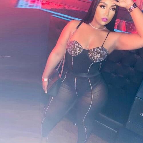 Plus Size Women Clothing Two Piece Set Sexy Club Wear Diamonds Vest Bodysuit Leggings Bodycon Outfits Dropshipping Wholesale