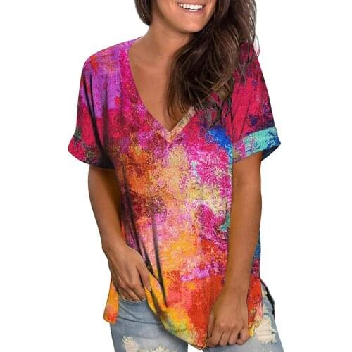 Womens Shirt Womens Fashion Plus Size Gradient Color V-neck Short Sleeve Topsplus Size T-shirt Womens Clothing Camiseta