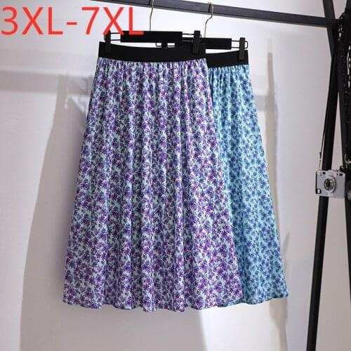 New 2021 Ladies Spring Summer Plus Size Midi Skirt For Women Large A-line Floral Print Flower Pleated Skirts 3XL 4XL 5XL 6XL 7XL