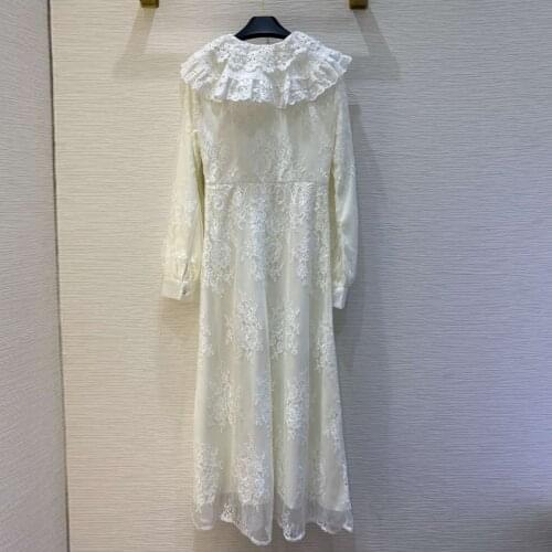 Autumn Women Luxury Fashion Runway New Sleeve White Lace Flower Embroidery Button Ruffles Long Party Dress