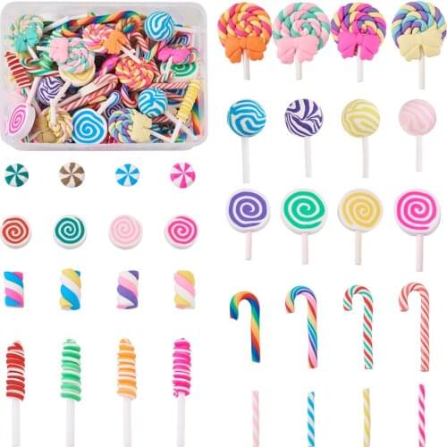 140pcs Handmade Polymer Clay Cabochons Mixed Candy Lollipop Flat Round Shape Rainbow Color For DIY Scrapbooking Jewelry Making