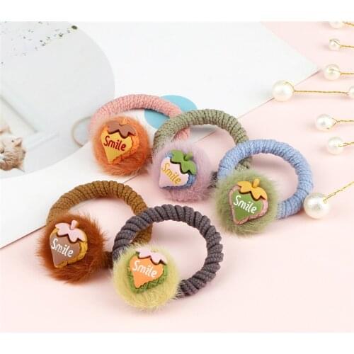 2Pcs/Set Cartoon Fruit Hair Bands for Girls Children Cute Strawberry Furry Ball Elastic Headband Hair Accessories Holder Gifts