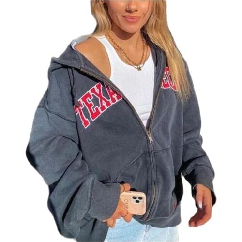 2021 Fashion Loose Hoodies Women/Girl Cotton Letter Print Long Sleeve Zipper Hooded Sweatshirts Korean Version Blue Outerwear