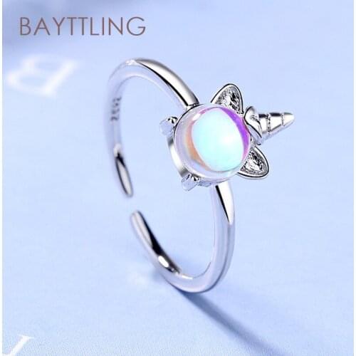 BAYTTLING 925 Sterling Silver Color Moonstone Unicorn Open Ring For Woman Fashion Jewelry Gift Couple Ring
