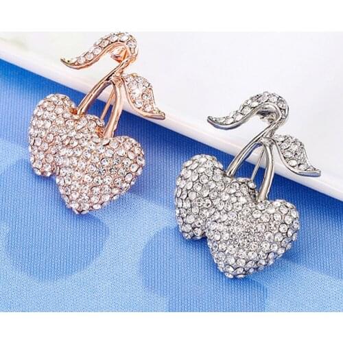 Cherry Brooches Women Metal Pins Rhinestone Brooches Ladies Clothing Accessories Fruit Brooch Pin Two Colors Jewelry Decorations