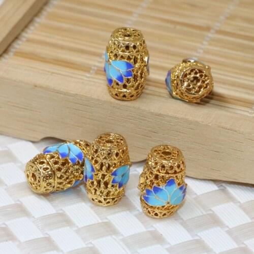 Wholesale price 10*15mm 5pcs gold-color cloisonne beads barrel rice shape carved hollow accessories spacer jewelry making B2385