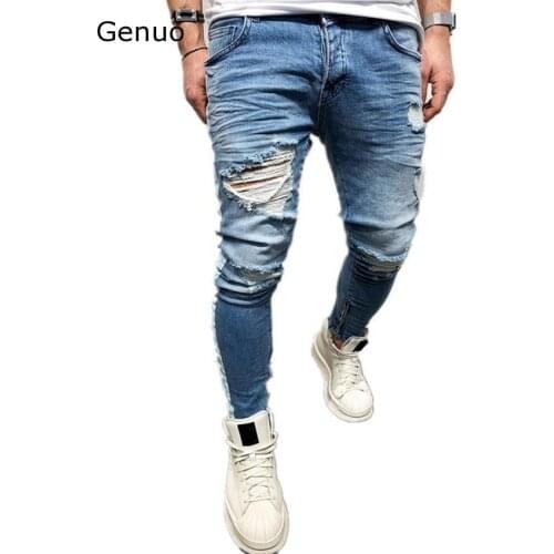 Genuo 2020 New Ripped Holes Men Jeans Side Striped Blue Jans Men Zipper Hip Hop Jeans Skinny Biker Jeans
