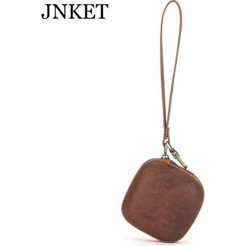 JNKET New Retro Mens Crazy Horse Leather Wallet Zipper Wallet Coins Purse Multifunctional Earphone Storage Box