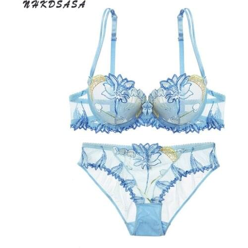 Women Sexy No Padded Invisible Under Wire Bra Lace Floral Embroidered Briefs Underwear Lingerie Set Plus Size 90D