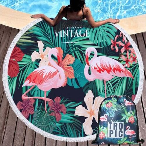 Flamingo Round Beach Towel Leaves Summer Seaside Bath Shower Towel With Drawstring Backpack Bag For Adults Blanket Wall Tapestry