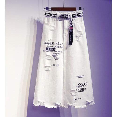 Summer Casual White Denim Skirt Women High Wiast Letter Pattern A-line Loose Skirt S-5XL