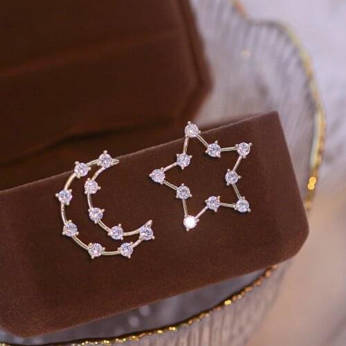 Trendy Cubic Zircon Stars Moon Stud Earring for Women Girls Luxury Shiny Crystal Asymmetric Earrings Female Fashion Jewelry Gift