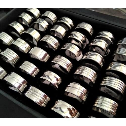 Wholesale Jewelry 50PCS Mens BIG Ring Bright Silver Multiple designs Stainless Steel Rings 10MM Band Size 18/19/20/21/22mm