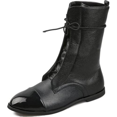 New British style comfortable lace-up round toe low-heel boots flat black handsome motorcycle motorcycle boots women 43