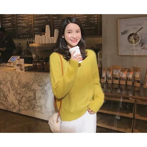NEW winter Mink Cashmere sweater long hair fluffy simple Plush loose pullover for women JN912