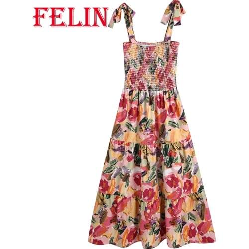 FELIN Za Boho Graffiti Print Cami Dress Women Summer Fashion 2021 Corset Bow Tie Ruffles Maxi Dress Vintage Mujer Vestidos