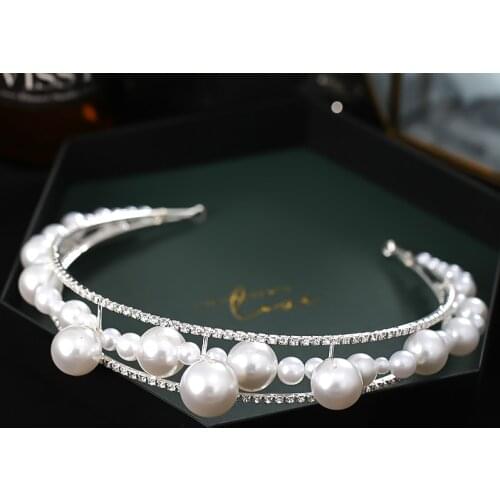Silver Color Pearls Hairbands For Bride Women Wedding Hair Accessories Rhinestone Headbands Bridal Hair Jewelry Party Headband