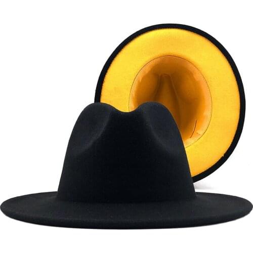 Simple Outer black Inner yellow Wool Felt Jazz Fedora Hats with Thin Belt Buckle Men Women Wide Brim Panama Trilby Cap
