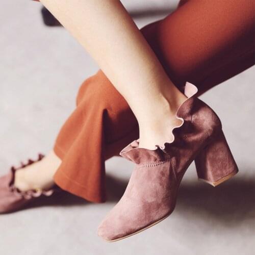 Sell New Small Fresh Retro Ruffles Suede Ankle Boots Women Thick Heels Square Toe High Heel Shoes Banquet Party Boots